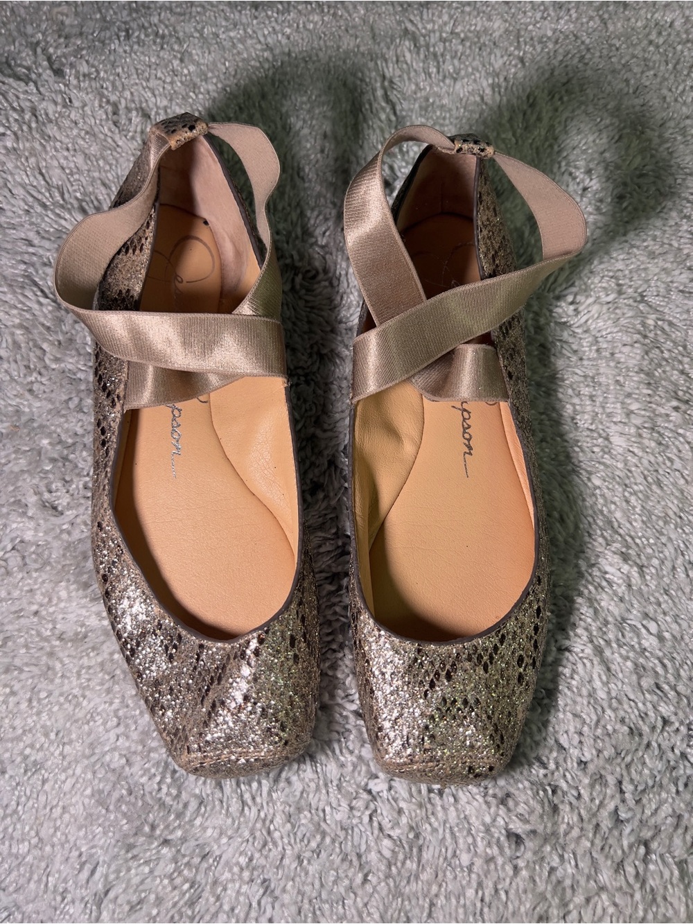 Jessica Simpson Metallic Gold Snakeskin Ballet Flats with Cross Straps